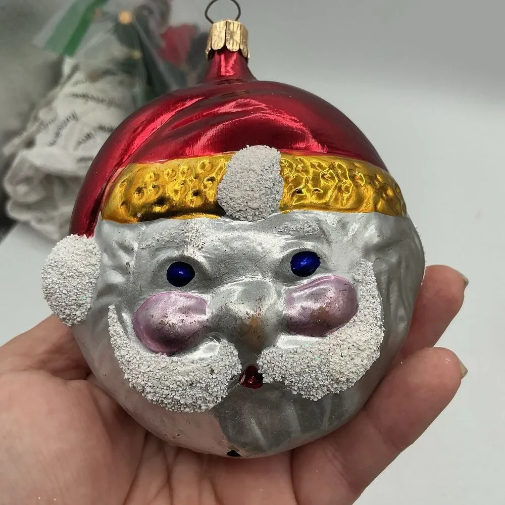 Retro Santa Head Glass Christmas Ornament Red Silver Glitter Beard Holiday Decor